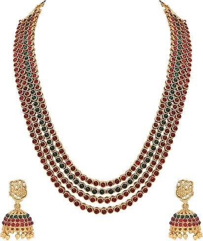 مجموعة مجوهرات زفاف هندية من I Jewels مطلية بالذهب بوليوود متعددة الطبقات كوندان فاخرة مع أقراط للنساء والفتيات (MC148QG) in Saudi Arabia