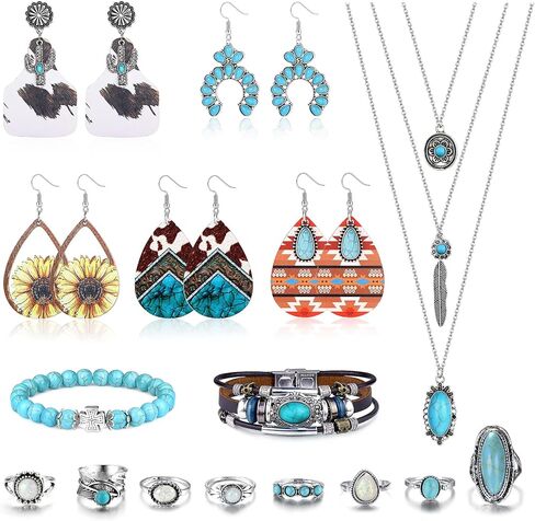 مجوهرات Jstyle البوهيمية الفيروزية للنساء مجموعة الفيروز الغربي خواتم المفصل الغربية القابلة للتعديل وقلادة أقراط متدلية فيروزية عتيقة سوار مجوهرات بوهو الفيروزية الغربية للنساء in Kuwait
