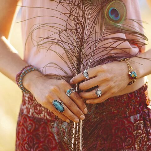 مجوهرات Jstyle البوهيمية الفيروزية للنساء مجموعة الفيروز الغربي خواتم المفصل الغربية القابلة للتعديل وقلادة أقراط متدلية فيروزية عتيقة سوار مجوهرات بوهو الفيروزية الغربية للنساء in Kuwait