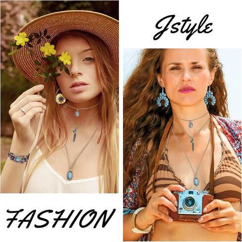 مجوهرات Jstyle البوهيمية الفيروزية للنساء مجموعة الفيروز الغربي خواتم المفصل الغربية القابلة للتعديل وقلادة أقراط متدلية فيروزية عتيقة سوار مجوهرات بوهو الفيروزية الغربية للنساء in Kuwait