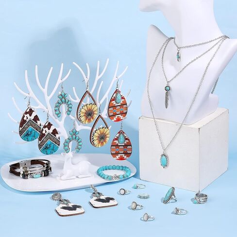 مجوهرات Jstyle البوهيمية الفيروزية للنساء مجموعة الفيروز الغربي خواتم المفصل الغربية القابلة للتعديل وقلادة أقراط متدلية فيروزية عتيقة سوار مجوهرات بوهو الفيروزية الغربية للنساء in Kuwait