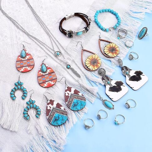 مجوهرات Jstyle البوهيمية الفيروزية للنساء مجموعة الفيروز الغربي خواتم المفصل الغربية القابلة للتعديل وقلادة أقراط متدلية فيروزية عتيقة سوار مجوهرات بوهو الفيروزية الغربية للنساء in Kuwait