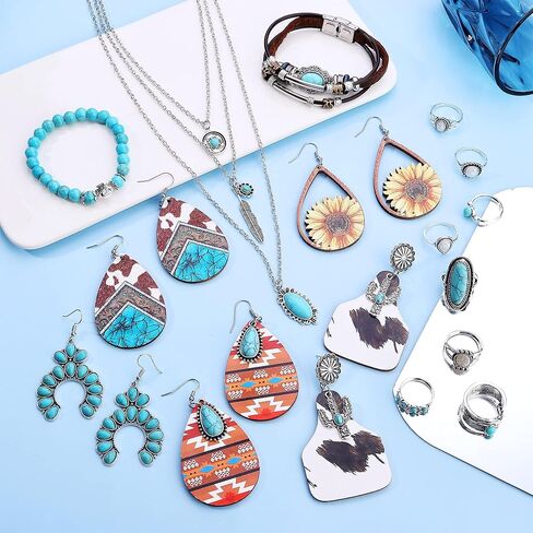 مجوهرات Jstyle البوهيمية الفيروزية للنساء مجموعة الفيروز الغربي خواتم المفصل الغربية القابلة للتعديل وقلادة أقراط متدلية فيروزية عتيقة سوار مجوهرات بوهو الفيروزية الغربية للنساء in Kuwait