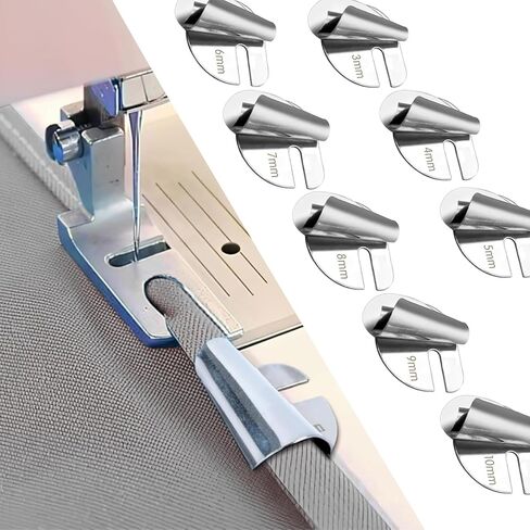 مجموعة أدوات الخياطة العالمية مكونة من 8 قطع، قدم مطرقة ذات حاشية ملفوفة لآلة الخياطة 3-10 مم، ملحق حاشية لفات، قدم حاشية صناعية منزلية منحنية، ملحقات وأدوات الخياطة in Kuwait