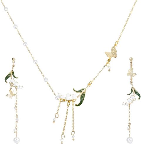 2PCS Lily of the Valley Necklace Aesthetic Jewelry Flower Jewelry Green Paint Leaves and Freshwater Pearl Lily Necklace Gift for Women Mom Friends Bride Weding Spring Summer in Saudi Arabia
