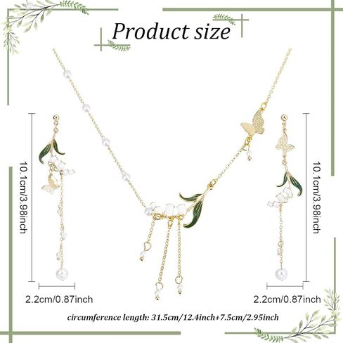 2PCS Lily of the Valley Necklace Aesthetic Jewelry Flower Jewelry Green Paint Leaves and Freshwater Pearl Lily Necklace Gift for Women Mom Friends Bride Weding Spring Summer in Saudi Arabia