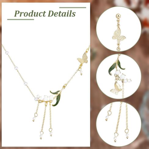 2PCS Lily of the Valley Necklace Aesthetic Jewelry Flower Jewelry Green Paint Leaves and Freshwater Pearl Lily Necklace Gift for Women Mom Friends Bride Weding Spring Summer in Saudi Arabia