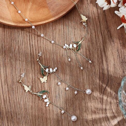 2PCS Lily of the Valley Necklace Aesthetic Jewelry Flower Jewelry Green Paint Leaves and Freshwater Pearl Lily Necklace Gift for Women Mom Friends Bride Weding Spring Summer in Saudi Arabia