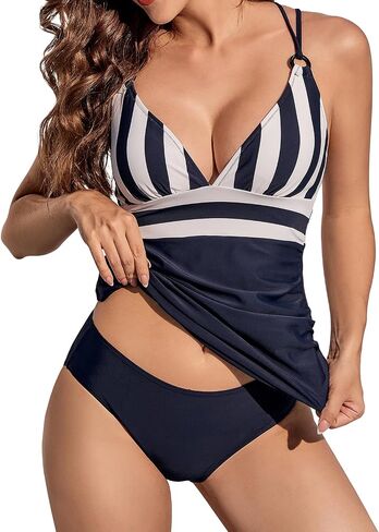 Tankini Swimsuits for Women Tummy Control Two Piece Bathing Suits V Neck O-Ring Ruched Swimwear in Saudi Arabia