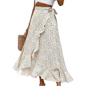 OYOANGLE Women's Floral Print Ruffle Skirts High Waisted Tie Side Wrap Flowy Long Skirt in Kuwait