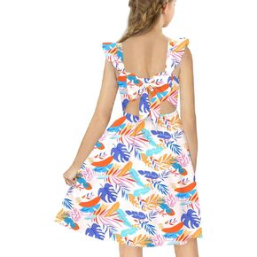 21KIDS Girls Summer Tie Back Dress Ruffle Sleeve Tropical Print Casual Midi Dress with Pockets for Girls 6-12 Years in Kuwait