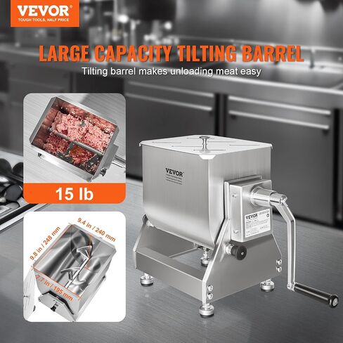VEVOR Manual Meat Mixer, 15 Pound Capacity Tank Meat Processing Equipment, Stainless Steel Meat Mixer, Sausage Mixer Machine with Lid and Handle, Ground Beef Hand Mixer, Silver(Manual Only) in Saudi Arabia