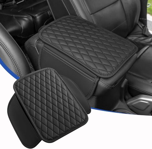 Car Armrest Cushion with Cup Holder & Phone Slot, Leather Center Console Armrest Pad with Storage Bags, Universal Console Protector for Most Vehicles SUV Truck Jeep Accessories (Black, Embroidered) in Saudi Arabia