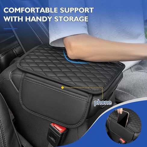 Car Armrest Cushion with Cup Holder & Phone Slot, Leather Center Console Armrest Pad with Storage Bags, Universal Console Protector for Most Vehicles SUV Truck Jeep Accessories (Black, Embroidered) in Saudi Arabia
