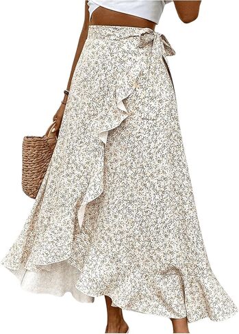 Oyoangle Women's Floral Print Chiperts Highs High Cherced Tie Side Skirt Flowy Long in Saudi Arabia