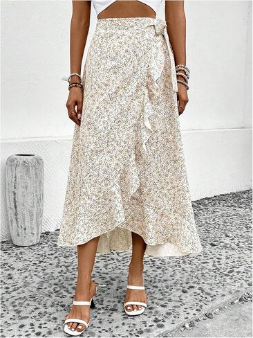 Oyoangle Women's Floral Print Chiperts Highs High Cherced Tie Side Skirt Flowy Long in Saudi Arabia