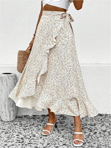 Oyoangle Women's Floral Print Chiperts Highs High Cherced Tie Side Skirt Flowy Long in Saudi Arabia