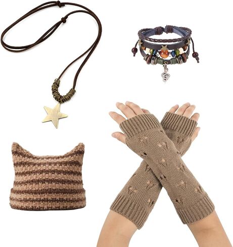 4 PCS y2k Assysories grunge accessories for women ، قفازات مثبتة بالجرونج ، قبعة قطة متشابكة الجرونج ، أساور قصصية ، قلادة قلادة نجم ، أشياء ثريان ، ترس ثيان y2k ملحقات khaki in Kuwait