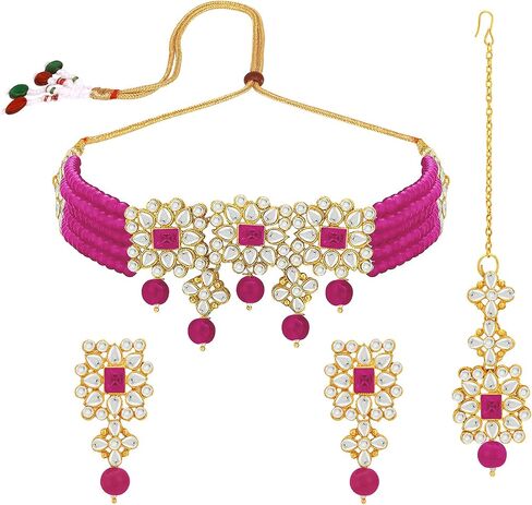 Aheli Ethnic Indian Necklace Earring Maang Tikka Set Traditional Bollywood Fashion Jewelry Gift for Women Blue in Saudi Arabia