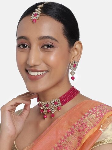 Aheli Ethnic Indian Necklace Earring Maang Tikka Set Traditional Bollywood Fashion Jewelry Gift for Women Blue in Saudi Arabia