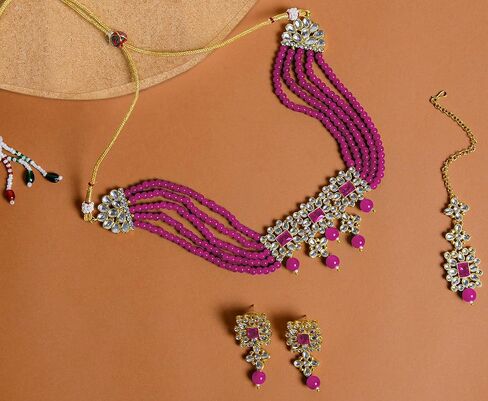 Aheli Ethnic Indian Necklace Earring Maang Tikka Set Traditional Bollywood Fashion Jewelry Gift for Women Blue in Saudi Arabia