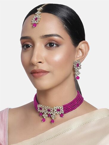 Aheli Ethnic Indian Necklace Earring Maang Tikka Set Traditional Bollywood Fashion Jewelry Gift for Women Blue in Saudi Arabia