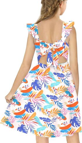 21KIDS Girls Summer Tie Back Dress Ruffle Sleeve Tropical Print Casual Midi Dress with Pockets for Girls 6-12 Years in Kuwait