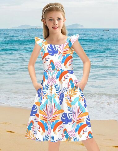 21KIDS Girls Summer Tie Back Dress Ruffle Sleeve Tropical Print Casual Midi Dress with Pockets for Girls 6-12 Years in Kuwait