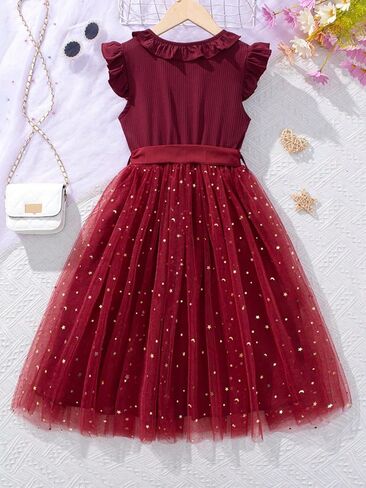 Wdirara Girl's V Deck Shulk Sleeve A Line Dress Tulle Tulle Tulle in Saudi Arabia