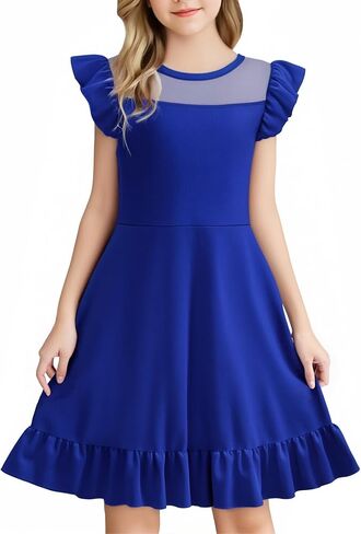 LQSZ Girls Dress Summer Ruffle Sleeve Mesh High Waist A Line Casual Party Dresses 3-12Y in Saudi Arabia