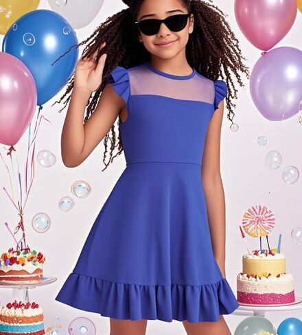 LQSZ Girls Dress Summer Ruffle Sleeve Mesh High Waist A Line Casual Party Dresses 3-12Y in Saudi Arabia