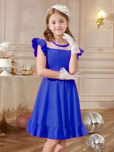 LQSZ Girls Dress Summer Ruffle Sleeve Mesh High Waist A Line Casual Party Dresses 3-12Y in Saudi Arabia