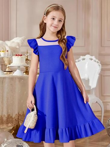LQSZ Girls Dress Summer Ruffle Sleeve Mesh High Waist A Line Casual Party Dresses 3-12Y in Saudi Arabia