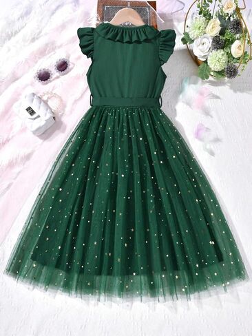 Wdirara Girl's V Deck Shulk Sleeve A Line Dress Tulle Tulle Tulle in Kuwait