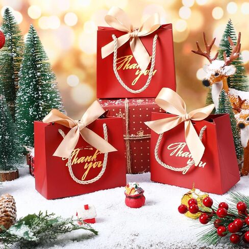 Hsei 40 Pcs Thank You Gift Bags with Handles 5.5 x 2.4 x 4.7 Inches Gold Foil Thank You Small Paper Bags Party Favor with Bow Ribbon Bulk for Christmas Wedding Birthday(Red) in Kuwait