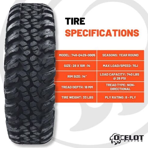 Ocelot Aurora 28x10x14 UTV Tires All Terrain, Durable 8-Ply Radial Construction and Non-Directional Tread, Thick Lugs for Diverse Terrain and Conditions - 28x10x14 ATV Tires in Saudi Arabia