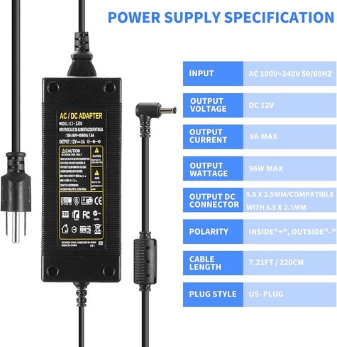 12V 10A Power Supply 120W 100V~240V AC to DC Adapter Converter Transformer,12 Volt 10 Amp Power Supply Adapter with 5.5mm x 2.1mm DC Output Jack for Printer 5050 5630 3528 LED Strip Light CCTV Camera in Saudi Arabia