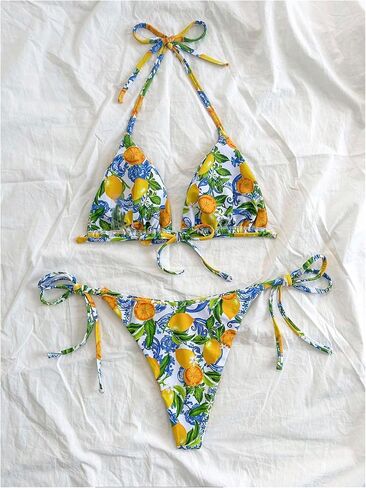 GORGLITTER Women's High Waisted Thong Bikini Set Lemon Graphic Halter Triangle Top Swimsuit Bathing Suit in Saudi Arabia