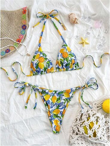 GORGLITTER Women's High Waisted Thong Bikini Set Lemon Graphic Halter Triangle Top Swimsuit Bathing Suit in Saudi Arabia