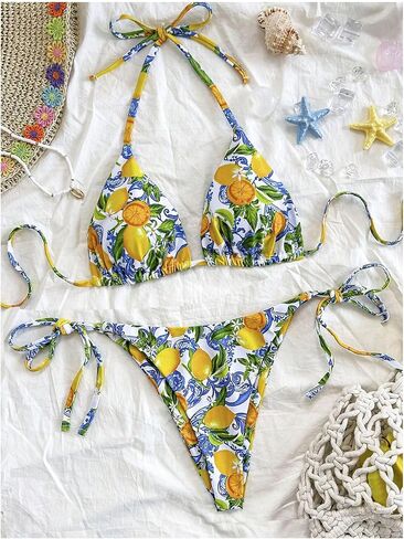 GORGLITTER Women's High Waisted Thong Bikini Set Lemon Graphic Halter Triangle Top Swimsuit Bathing Suit in Saudi Arabia
