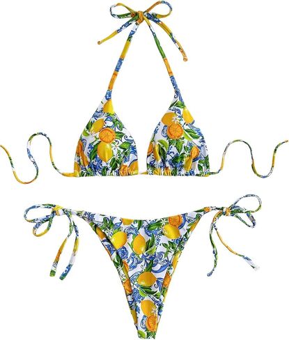 GORGLITTER Women's High Waisted Thong Bikini Set Lemon Graphic Halter Triangle Top Swimsuit Bathing Suit in Saudi Arabia