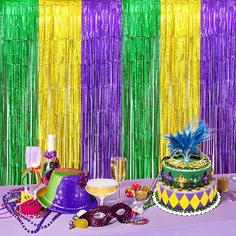Mega-L Mardi Gras Party Decorations 2 Pack 3.3 X 6.6 ft Green Gold Purple Metallic Tinsel Foil Fringe Curtains Photo Booth Props Background Decor Backdrop Streamer for Mardi Gras Carnival Birthday in Kuwait