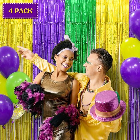 Mega-L Mardi Gras Party Decorations 2 Pack 3.3 X 6.6 ft Green Gold Purple Metallic Tinsel Foil Fringe Curtains Photo Booth Props Background Decor Backdrop Streamer for Mardi Gras Carnival Birthday in Kuwait