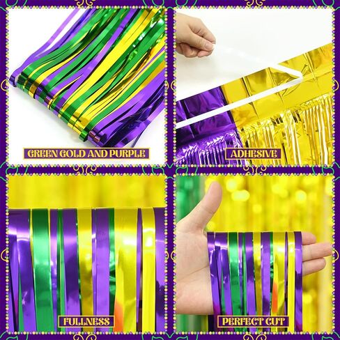 Mega-L Mardi Gras Party Decorations 2 Pack 3.3 X 6.6 ft Green Gold Purple Metallic Tinsel Foil Fringe Curtains Photo Booth Props Background Decor Backdrop Streamer for Mardi Gras Carnival Birthday in Kuwait