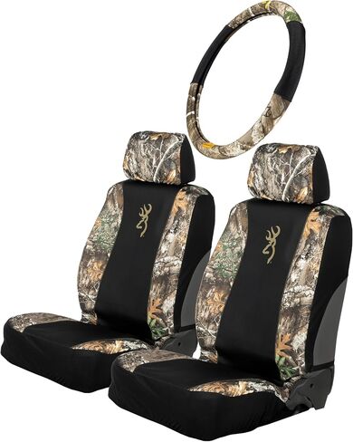 تغطية مقعد CAMO CAMO Realtree Edge | أغطية المقعد المنخفضة ومقعد المقعد | غطاء عجلة قيادة 2-قبضة | أغطية مقعد عالمية للسيارات وسيارات الدفع الرباعي والشاحنة (شعار براوننج - 4 مساءً) in Saudi Arabia