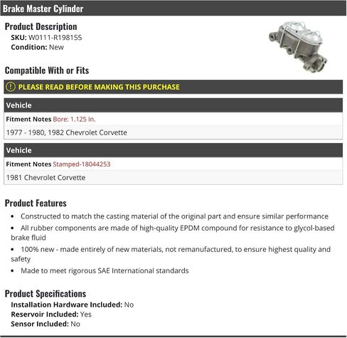 Brake Master Cylinder - with Reservoir - Compatible with 1977-1982 Chevy Corvette in Saudi Arabia