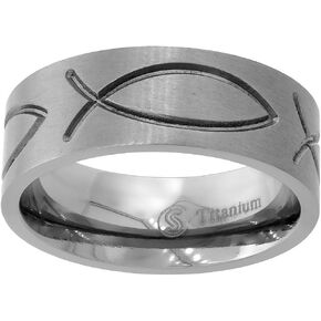 Sabrina Silver 8mm Titanium Christian Fish Wedding Band Ichthys Ring Flat Comfort Fit Sizes 6-14 in Kuwait