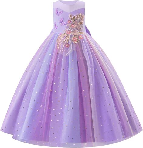 Ibtom Castle Flower Girlless 3D Butterfly Pearl equins Rainbow Tulle Long Dress Kids Wedding Pageant Ball Ball in Kuwait