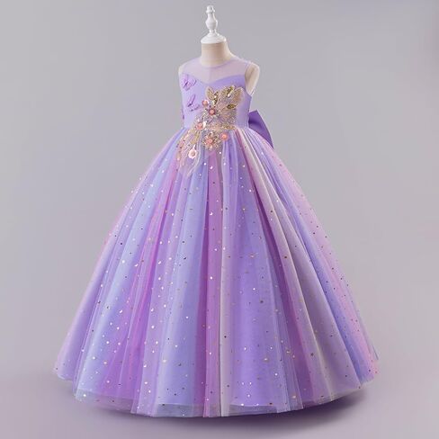 Ibtom Castle Flower Girlless 3D Butterfly Pearl equins Rainbow Tulle Long Dress Kids Wedding Pageant Ball Ball in Kuwait
