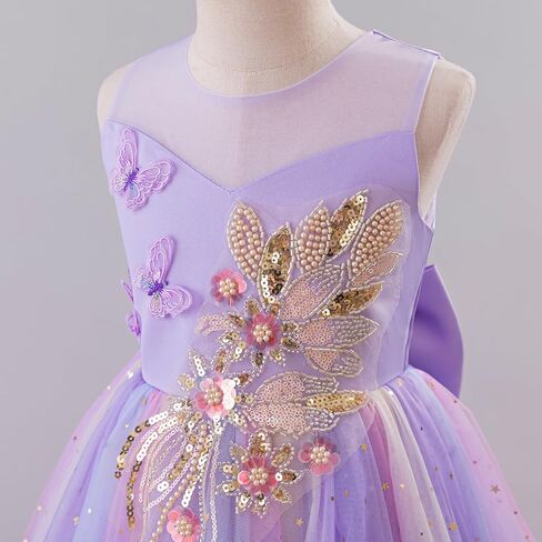 Ibtom Castle Flower Girlless 3D Butterfly Pearl equins Rainbow Tulle Long Dress Kids Wedding Pageant Ball Ball in Kuwait